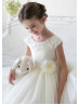 Cap Sleeves Satin Tulle Tea Length Flower Girl Dress With Flower Sash